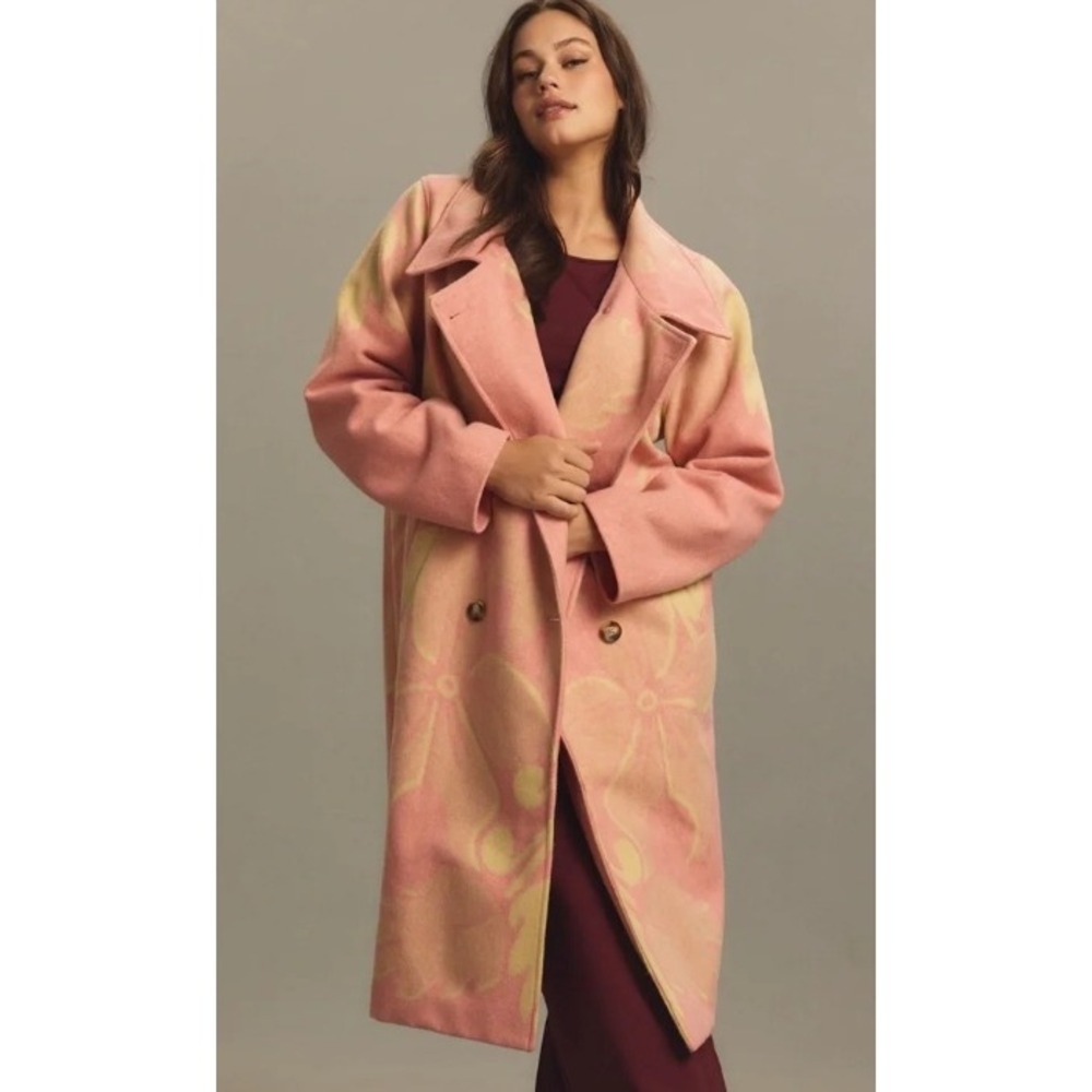 Anthropologie Maeve Pink Floral Wool Blend Cocoon Coat Overcoat OB2034384 Sz L